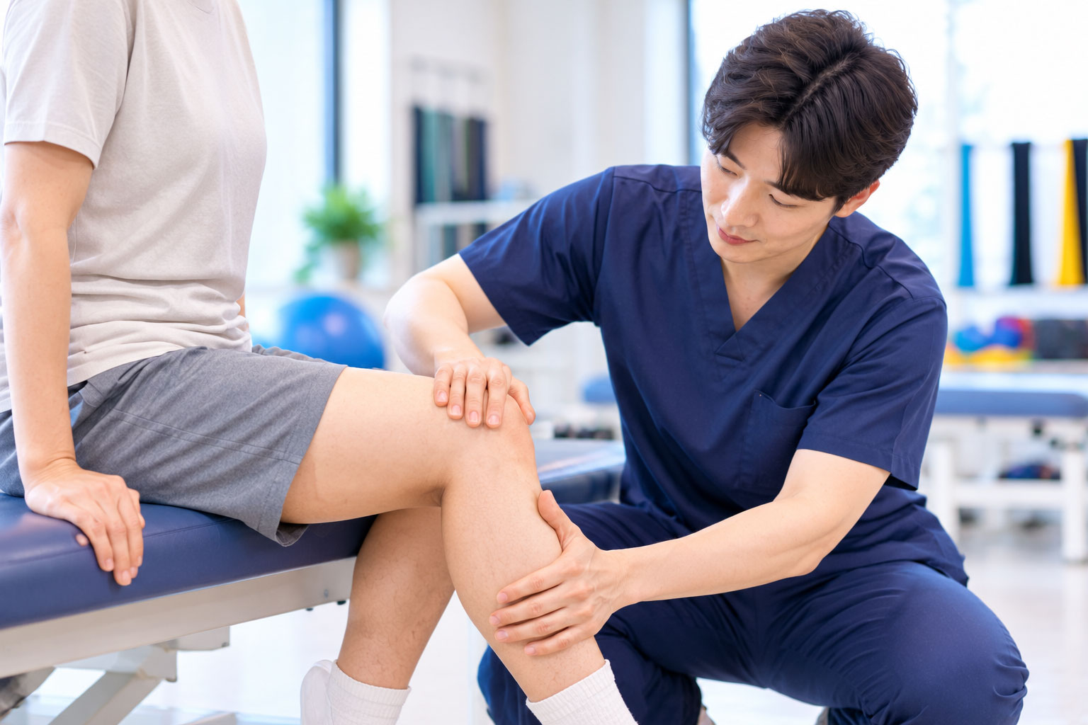 환자의 무릎 상태를 살피는 재활 치료사