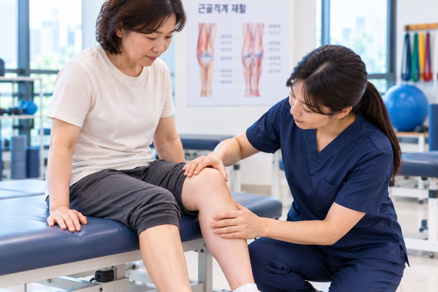 재활 평가를 받는 환자의 무릎을 살펴보는 치료사