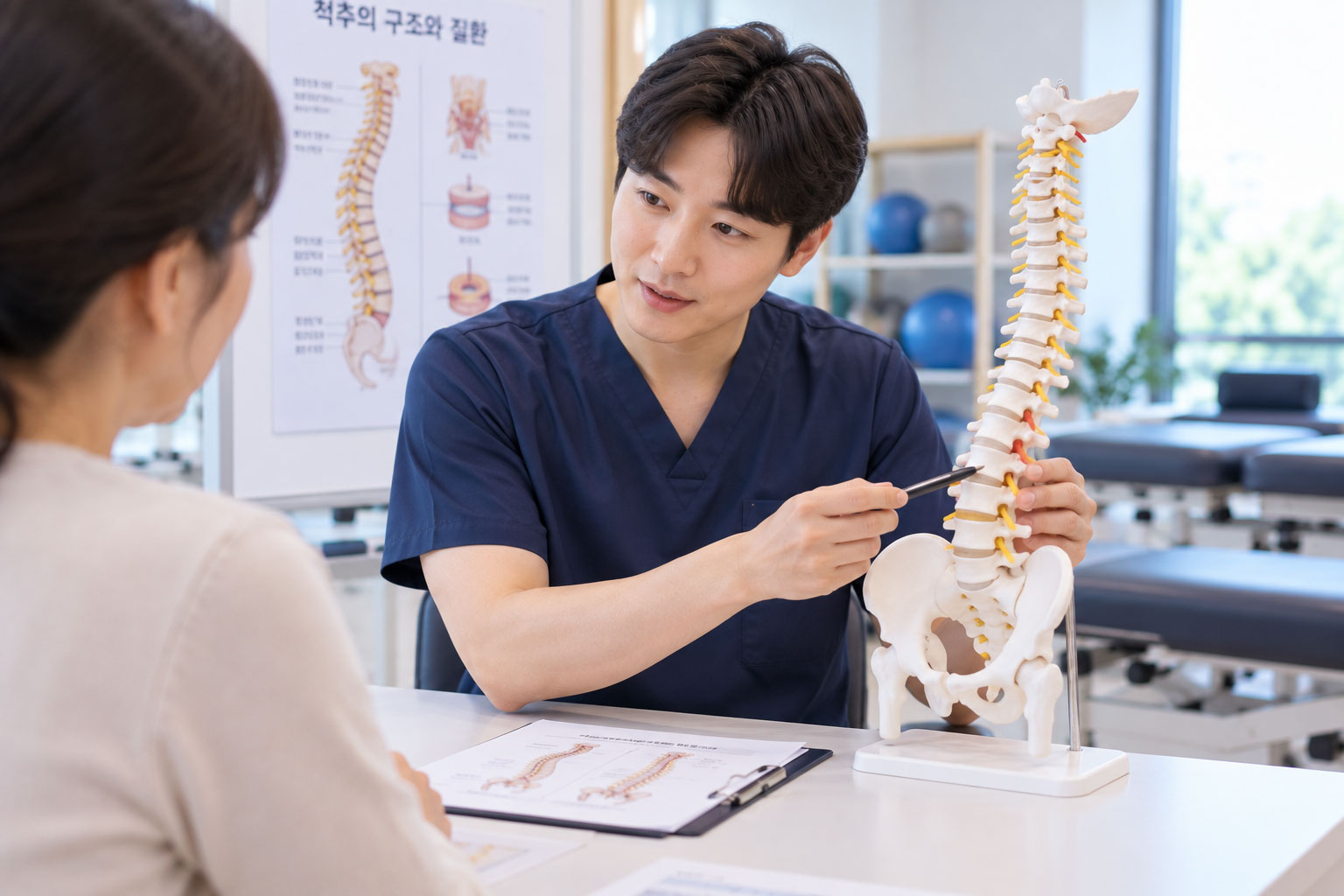 척추 모형으로 상태를 설명하는 치료사
